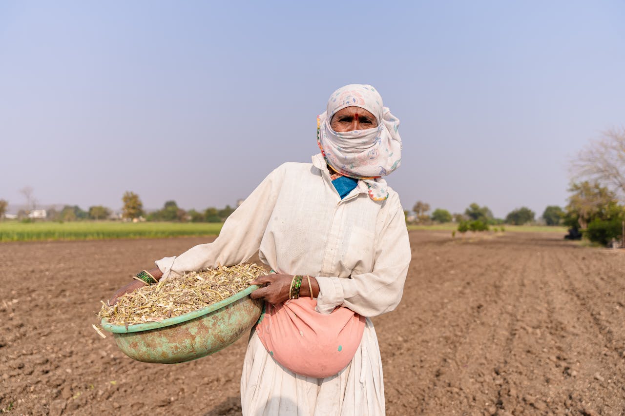 Female farmer standing in an open field in Nagpur, India, carrying harvested crops.
